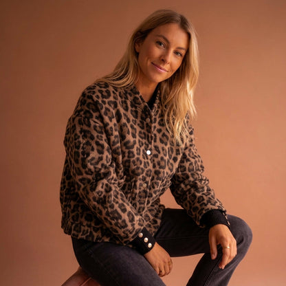 Leopard Print Cotton Blend Bomber Jacket Snap Front – Sienna