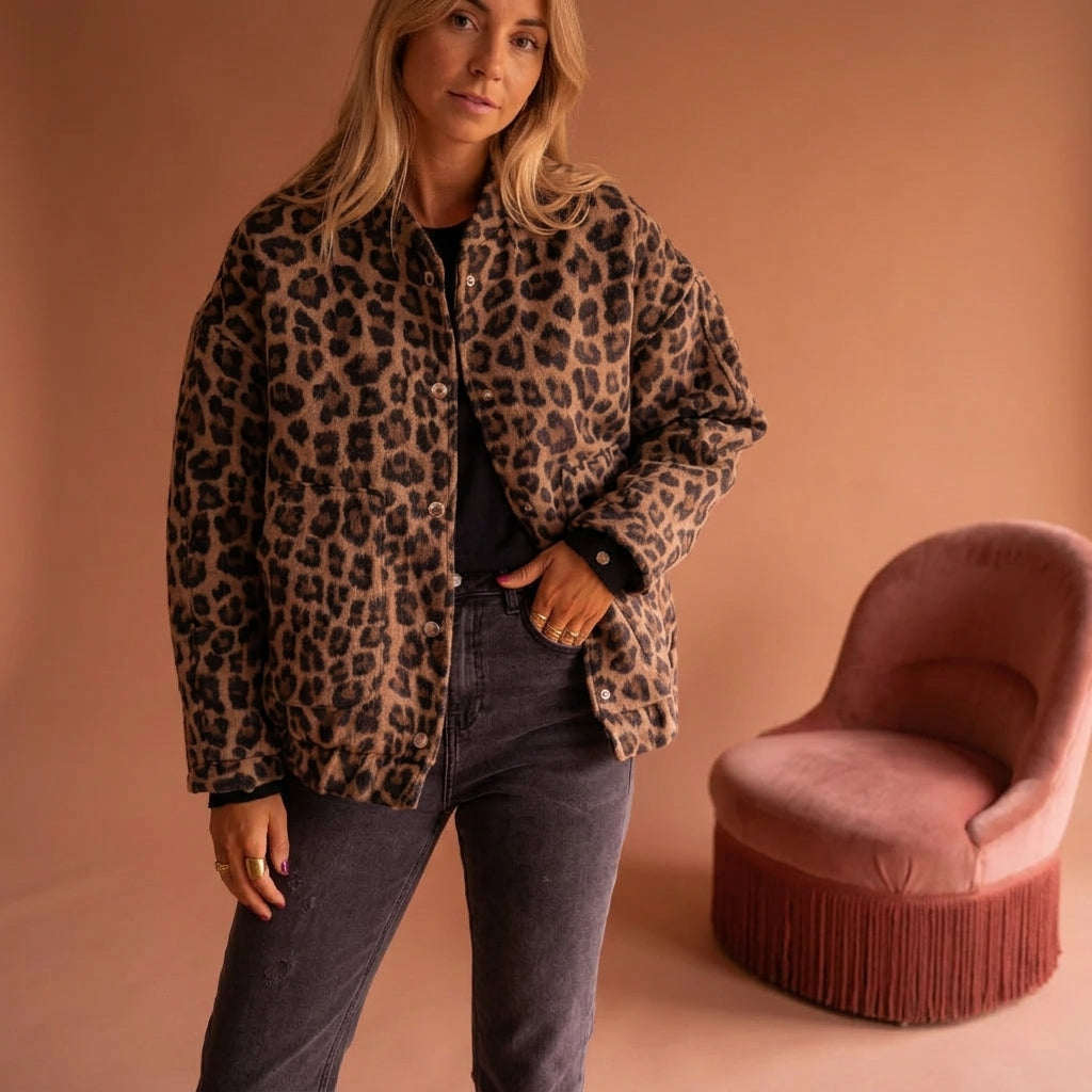 Leopard Print Cotton Blend Bomber Jacket Snap Front – Sienna