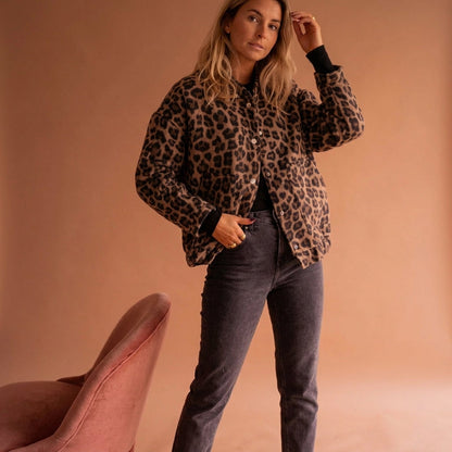 Leopard Print Cotton Blend Bomber Jacket Snap Front – Sienna