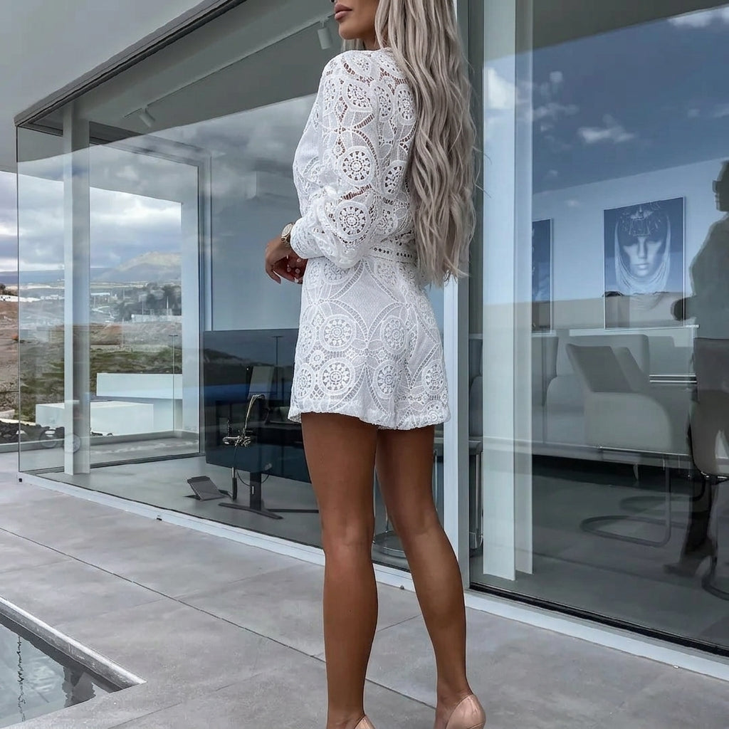 Women's Lace Blouse Shorts Set Long Sleeve High Waist – Maribel