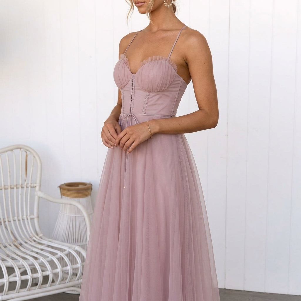 Women's Tulle Corset Midi Dress with Spaghetti Straps – Elara