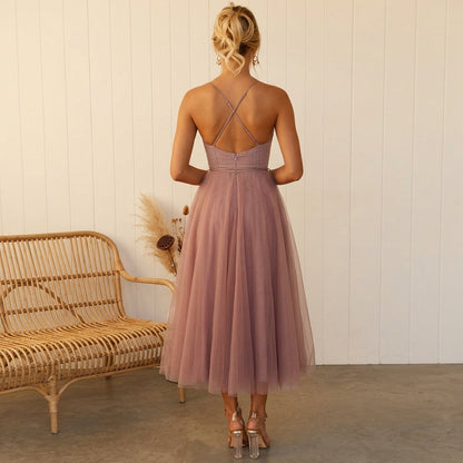 Women's Tulle Corset Midi Dress with Spaghetti Straps – Elara
