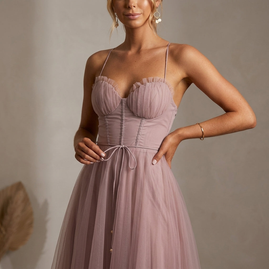 Women's Tulle Corset Midi Dress with Spaghetti Straps – Elara