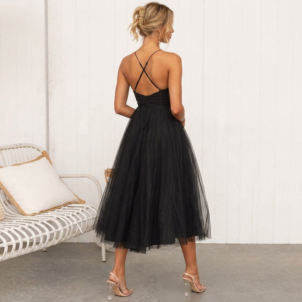 Women's Tulle Corset Midi Dress with Spaghetti Straps – Elara