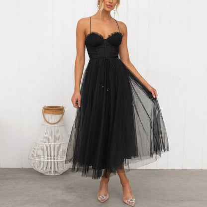 Women's Tulle Corset Midi Dress with Spaghetti Straps – Elara