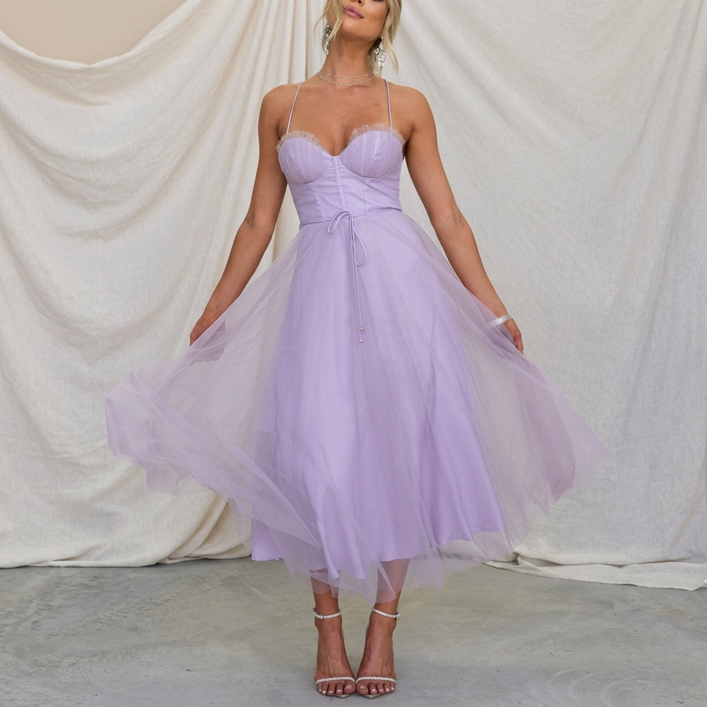 Women's Tulle Corset Midi Dress with Spaghetti Straps – Elara
