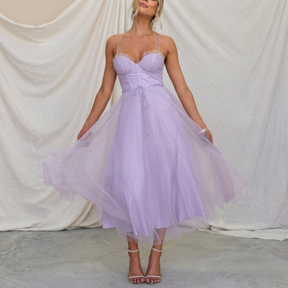 Women's Tulle Corset Midi Dress with Spaghetti Straps – Elara