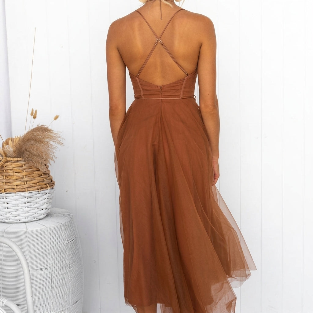 Women's Tulle Corset Midi Dress with Spaghetti Straps – Elara