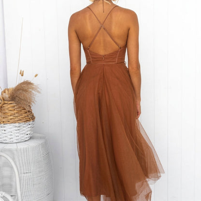 Women's Tulle Corset Midi Dress with Spaghetti Straps – Elara