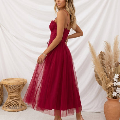 Women's Tulle Corset Midi Dress with Spaghetti Straps – Elara