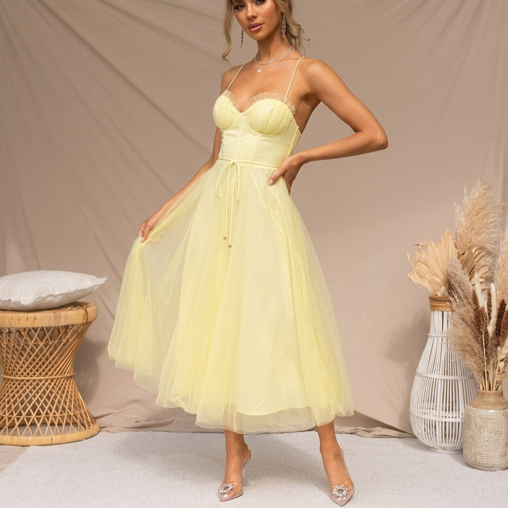 Women's Tulle Corset Midi Dress with Spaghetti Straps – Elara