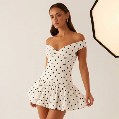 Women’s Polka Dot Mini Dress Off Shoulder Peplum Fit – Celeste