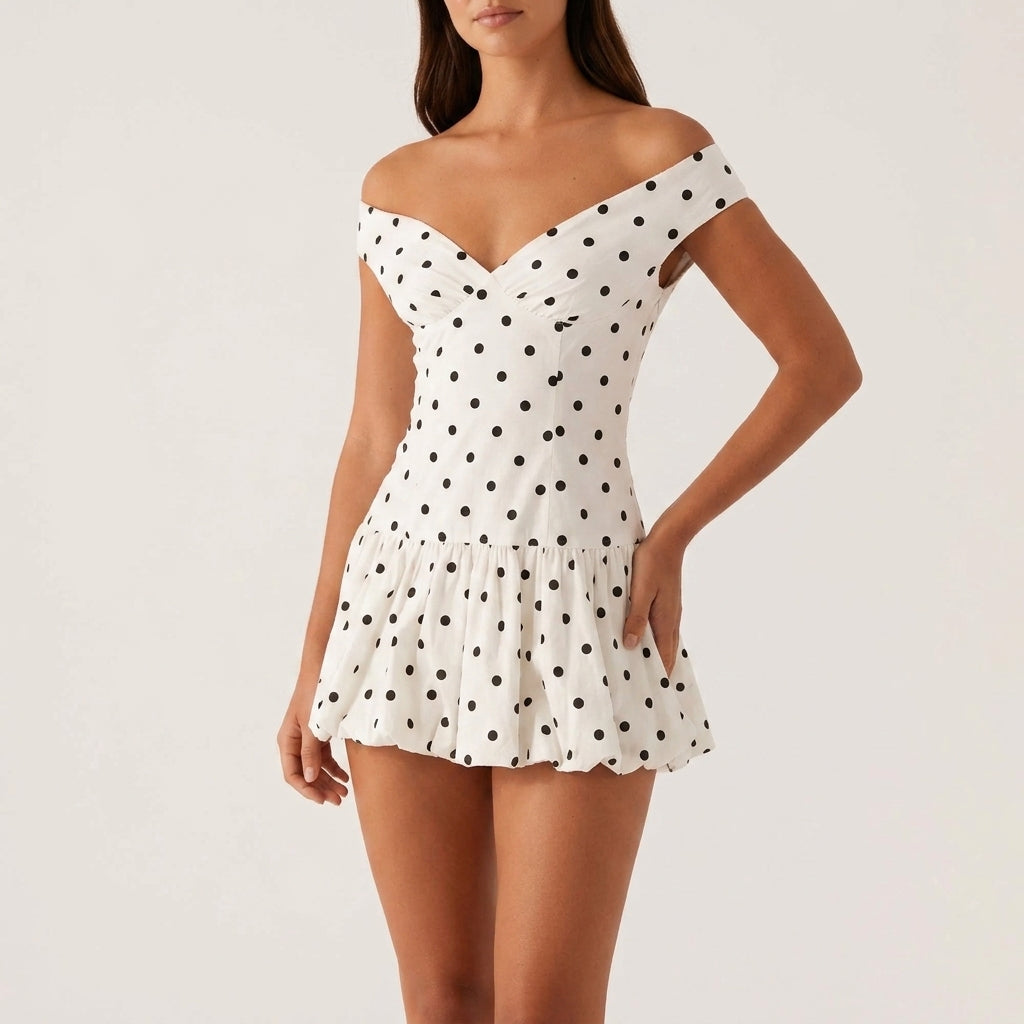 Women’s Polka Dot Mini Dress Off Shoulder Peplum Fit – Celeste