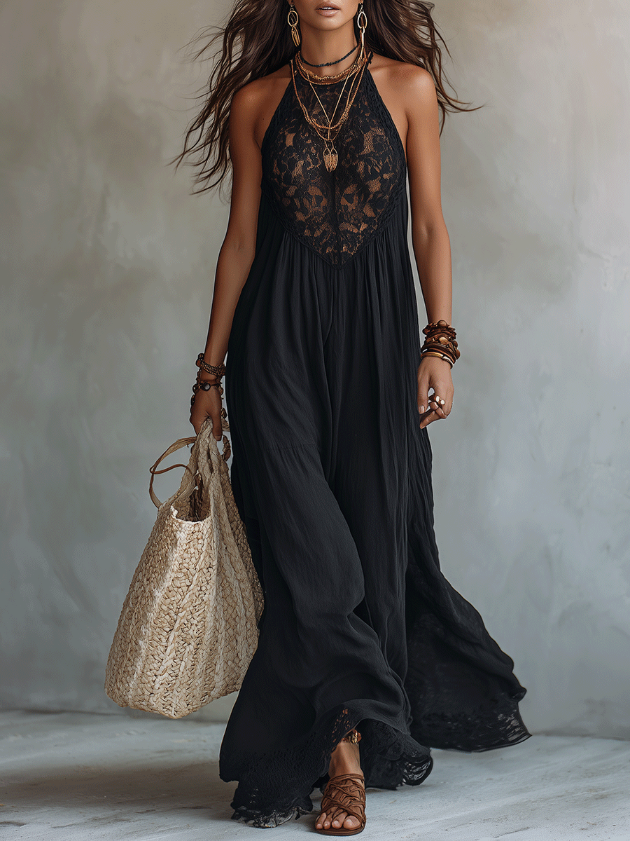 Robe maxi bohème chic sans manches à drapé doux pour soirée