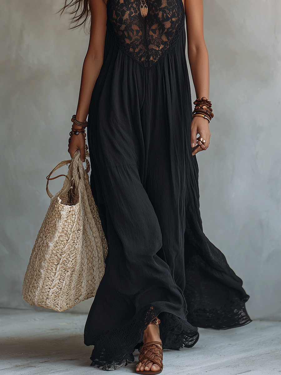 Robe maxi bohème chic sans manches à drapé doux pour soirée