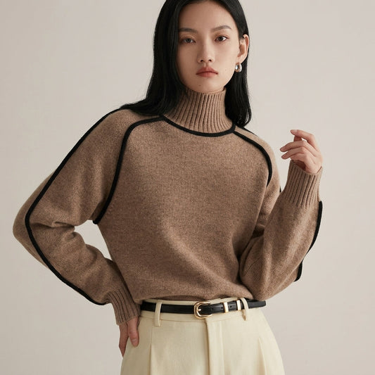 Cotton Blend Knit Turtleneck Sweater Ribbed Fit – Sienna