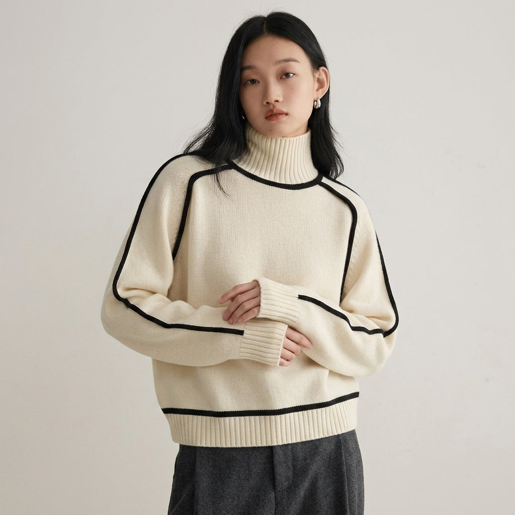 Cotton Blend Knit Turtleneck Sweater Ribbed Fit – Sienna