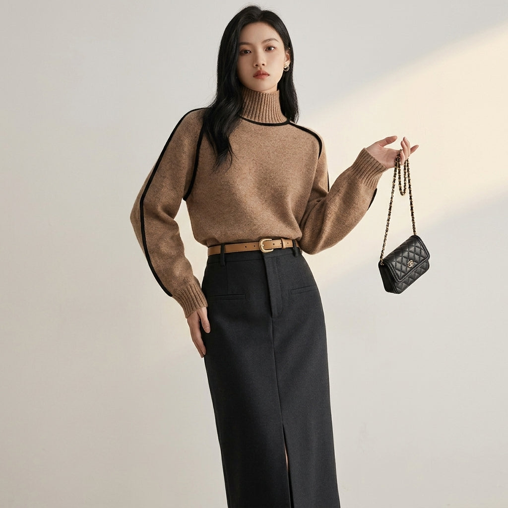 Cotton Blend Knit Turtleneck Sweater Ribbed Fit – Sienna
