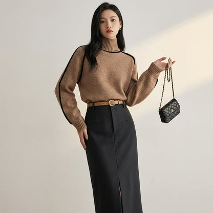 Cotton Blend Knit Turtleneck Sweater Ribbed Fit – Sienna