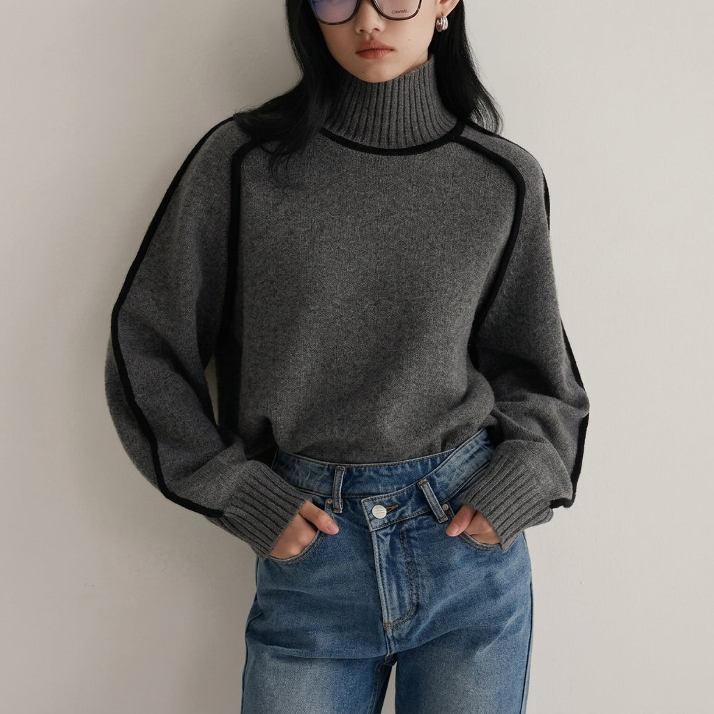Cotton Blend Knit Turtleneck Sweater Ribbed Fit – Sienna