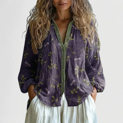 Women’s Leaf Print Cotton Blend Blouse Relaxed Fit – Elara