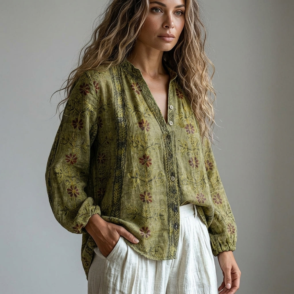 Women’s Leaf Print Cotton Blend Blouse Relaxed Fit – Elara