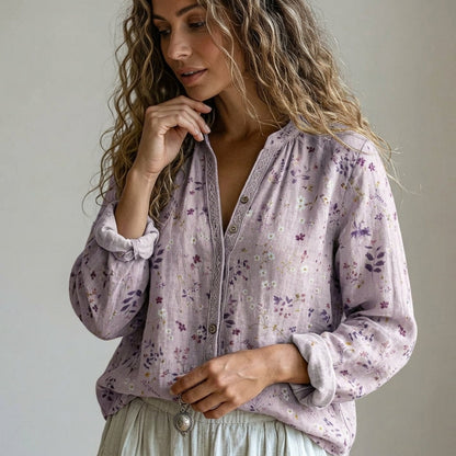 Women’s Leaf Print Cotton Blend Blouse Relaxed Fit – Elara