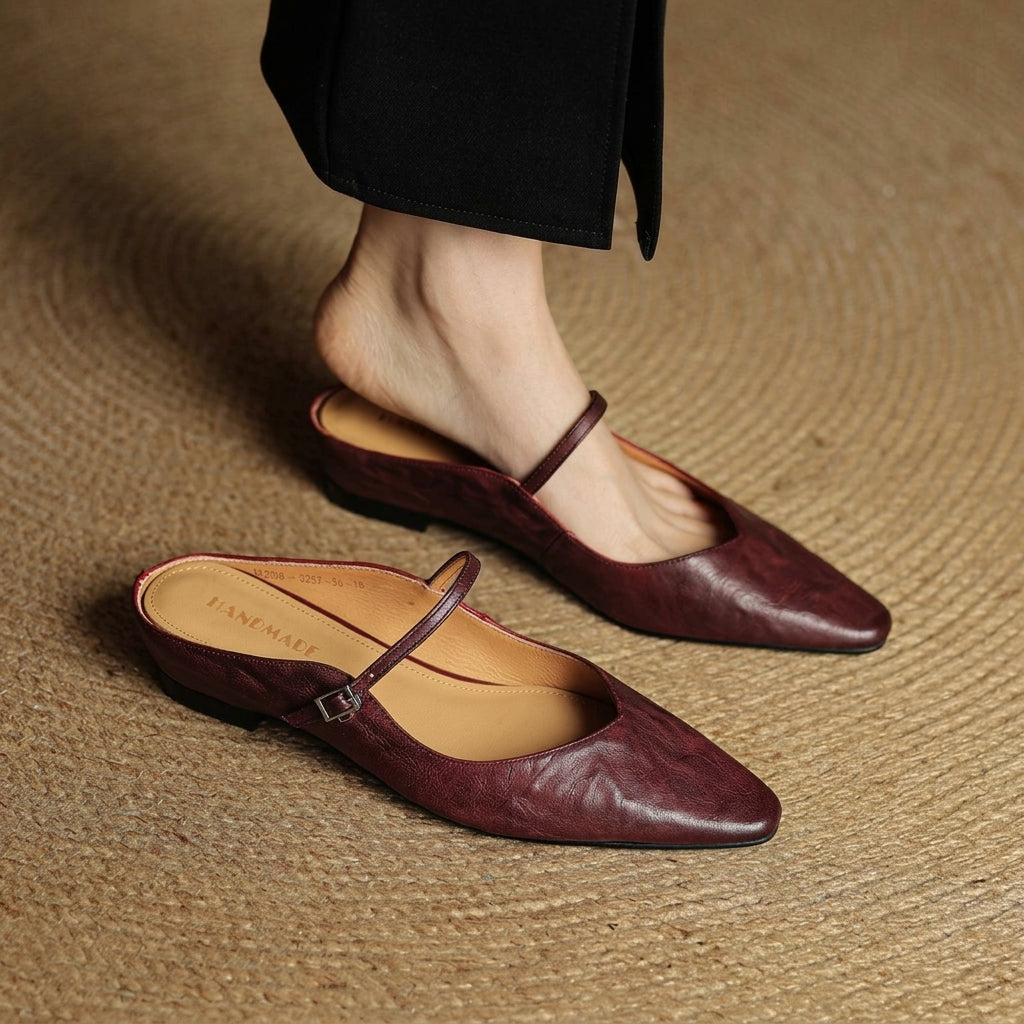 Women’s Leather Mules Flat Heel Slip-On Shoes – Maribel