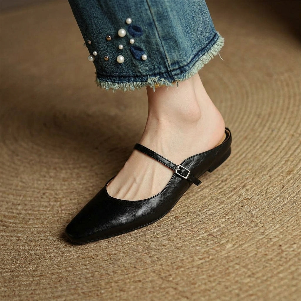 Women’s Leather Mules Flat Heel Slip-On Shoes – Maribel