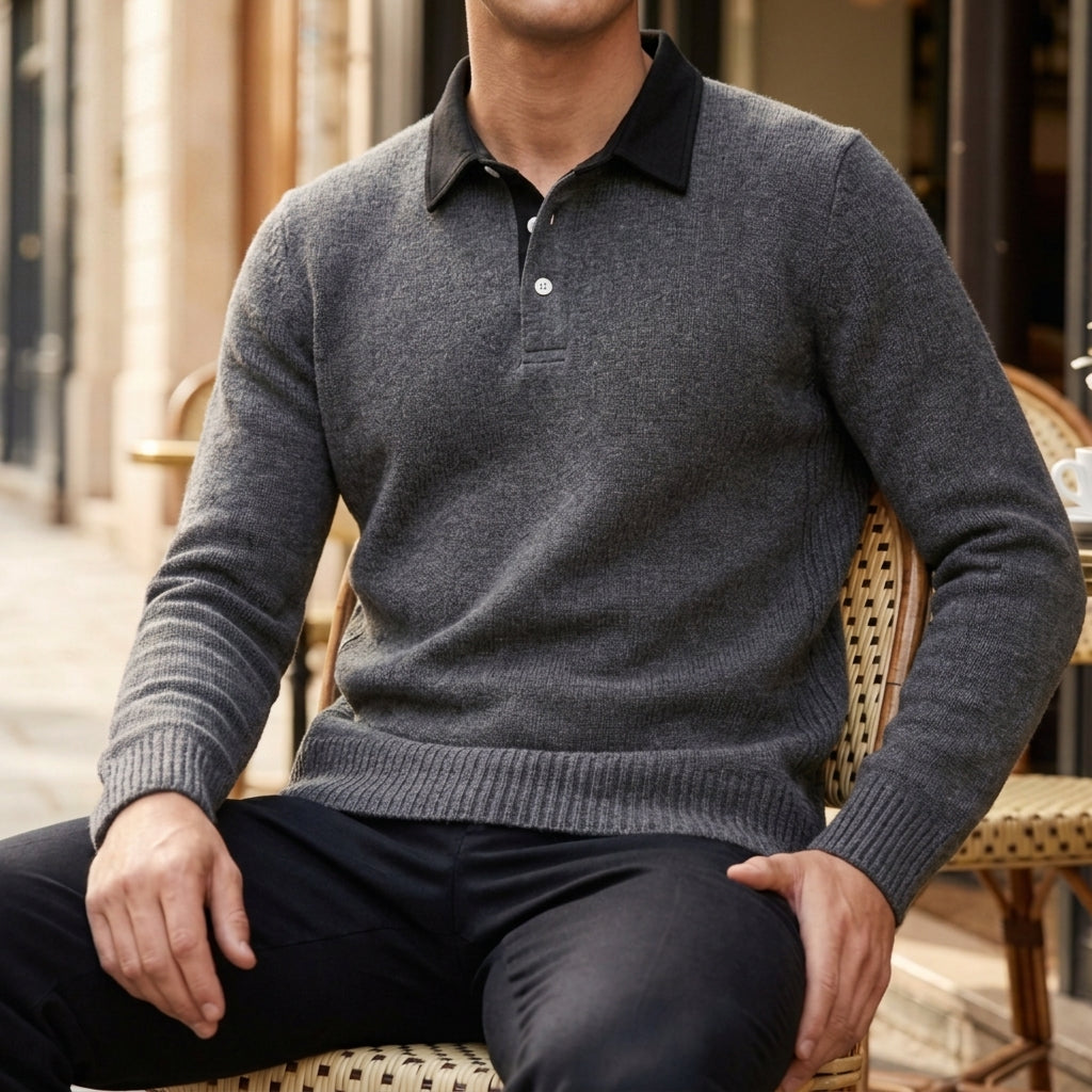 Men's Knit Polo Collar Sweater Ribbed Trim – Arlen