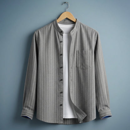 Mandarin Collar Cotton Linen Pinstripe Shirt – Lucien