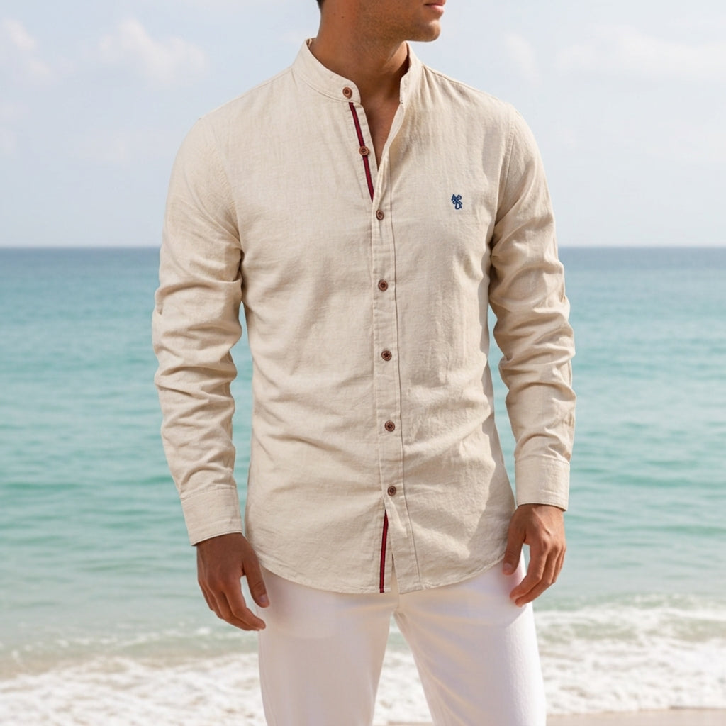 Men's Cotton Blend Mandarin-Collar Shirt Long Sleeve – Rowan