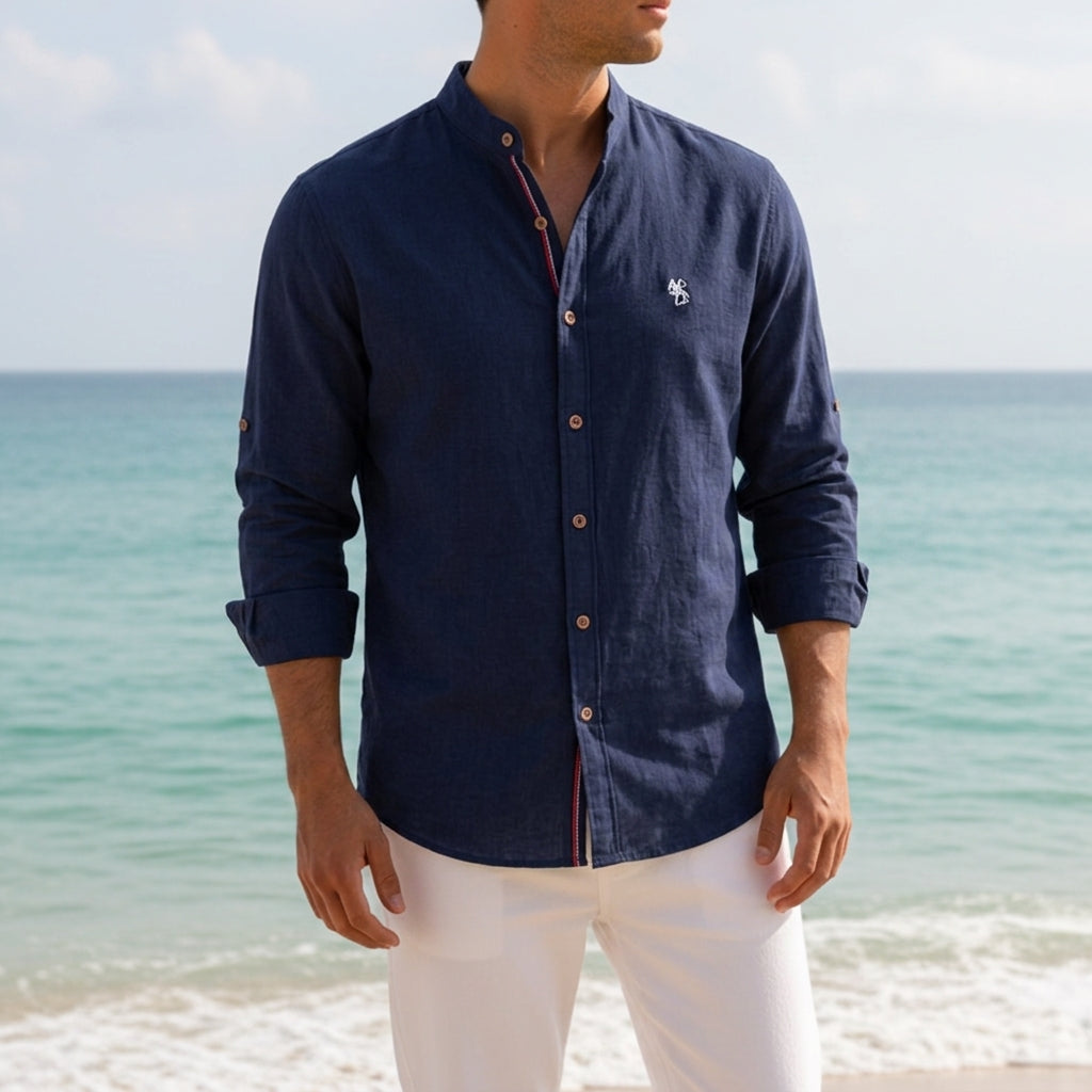 Men's Cotton Blend Mandarin-Collar Shirt Long Sleeve – Rowan
