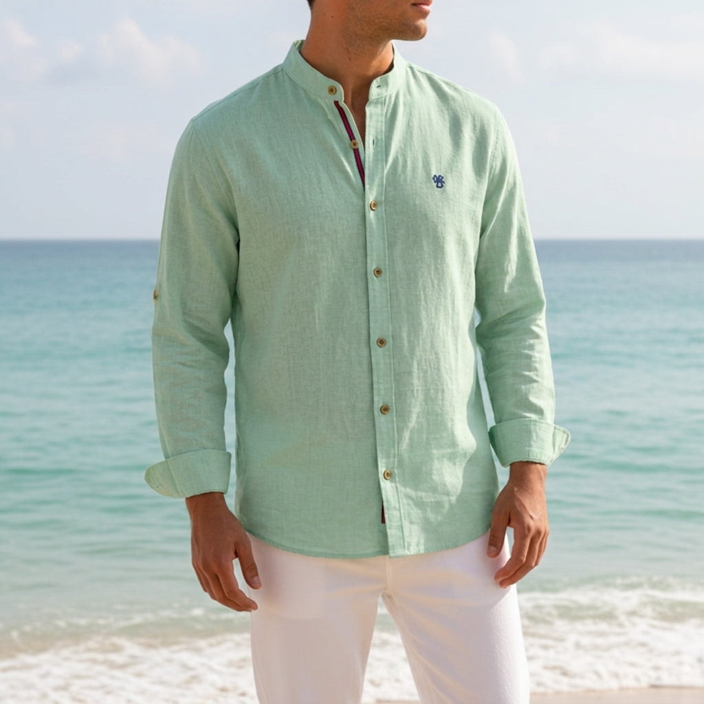 Men's Cotton Blend Mandarin-Collar Shirt Long Sleeve – Rowan