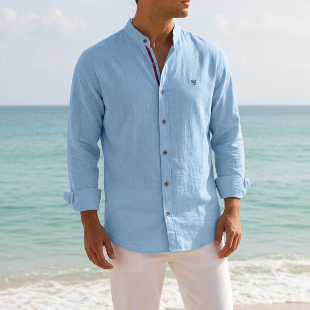Men's Cotton Blend Mandarin-Collar Shirt Long Sleeve – Rowan