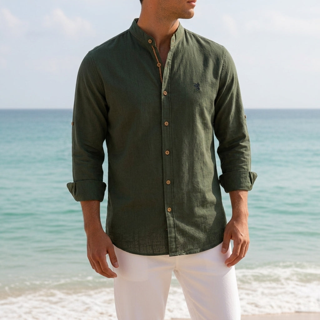 Men's Cotton Blend Mandarin-Collar Shirt Long Sleeve – Rowan