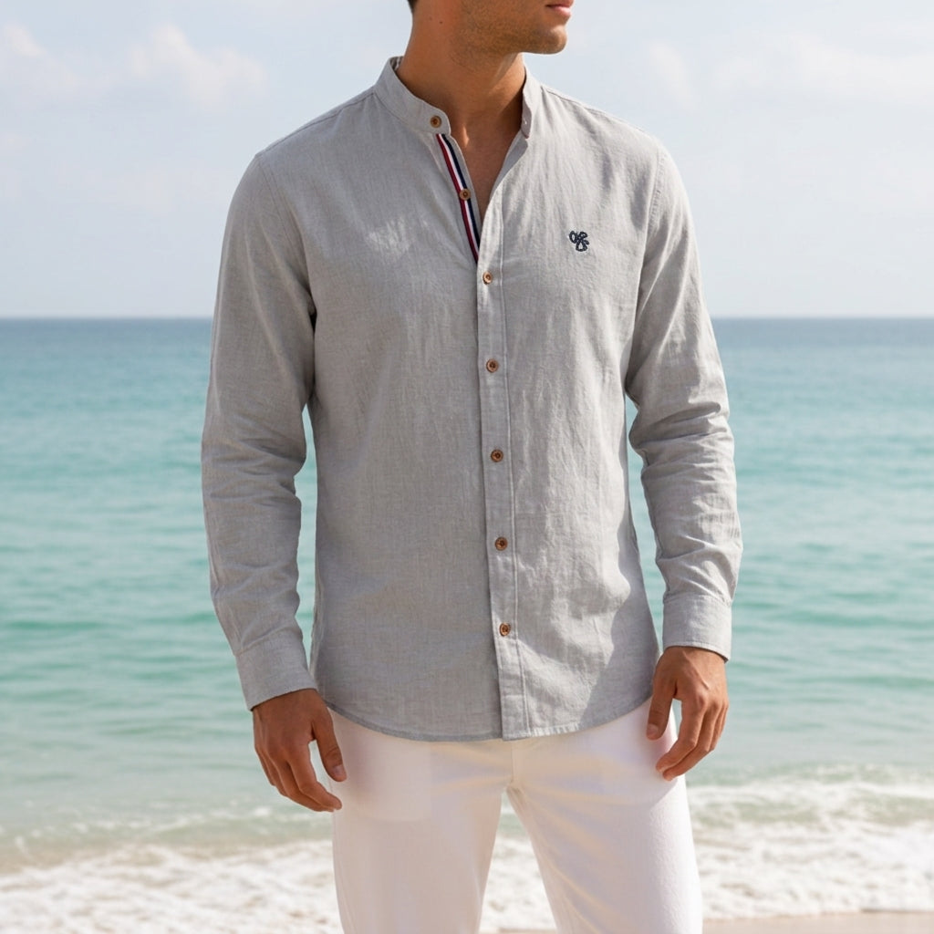 Men's Cotton Blend Mandarin-Collar Shirt Long Sleeve – Rowan