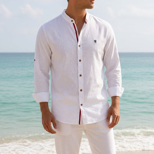 Men's Cotton Blend Mandarin-Collar Shirt Long Sleeve – Rowan