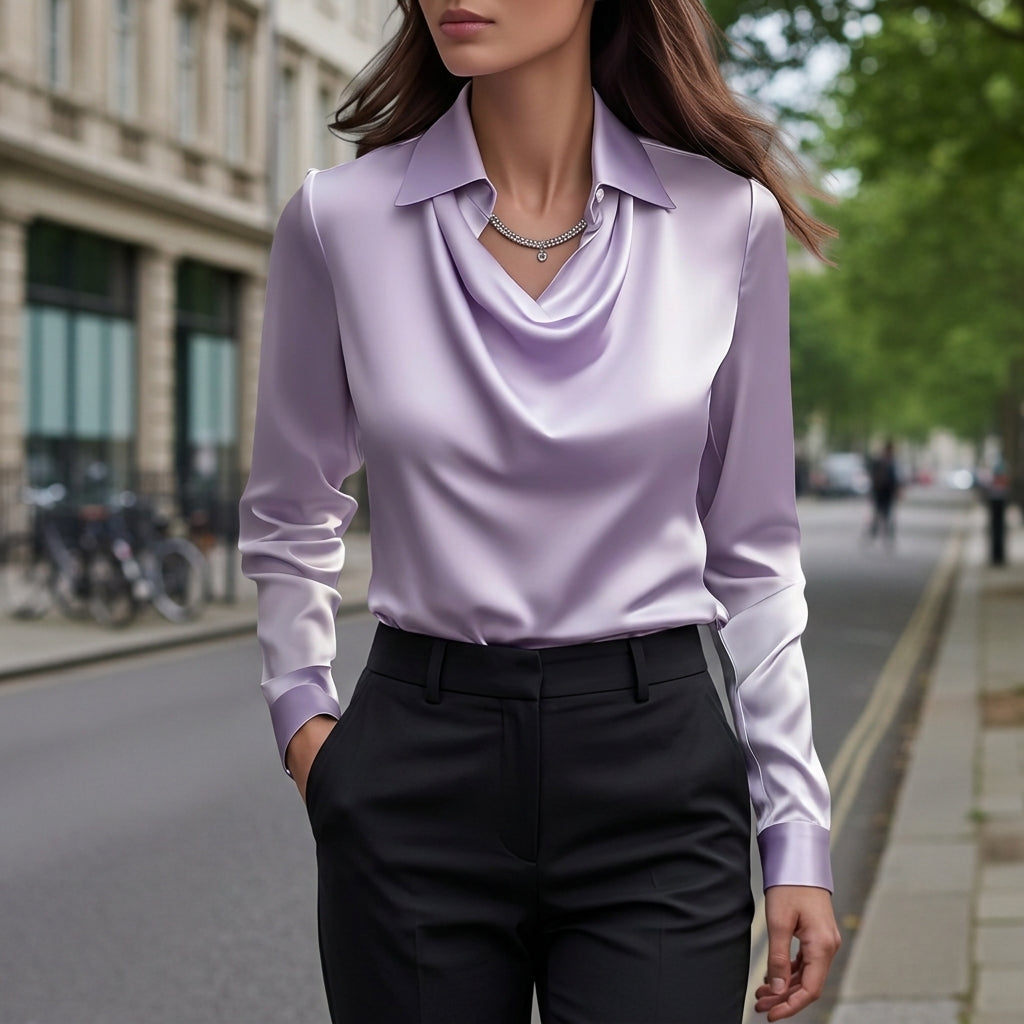 Women's Satin-Feel Draped Blouse Relaxed Fit Long Sleeve – Celeste