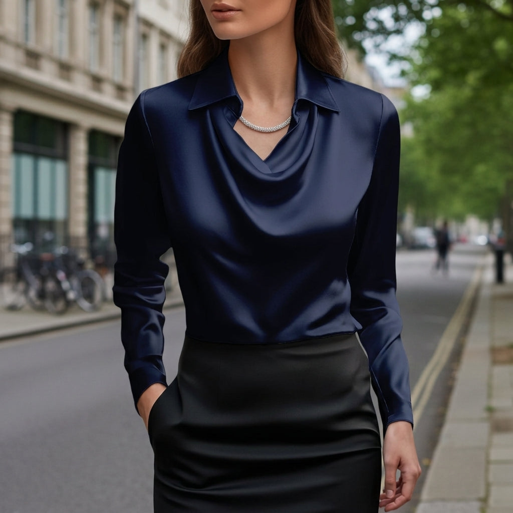 Women's Satin-Feel Draped Blouse Relaxed Fit Long Sleeve – Celeste