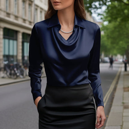 Women's Satin-Feel Draped Blouse Relaxed Fit Long Sleeve – Celeste