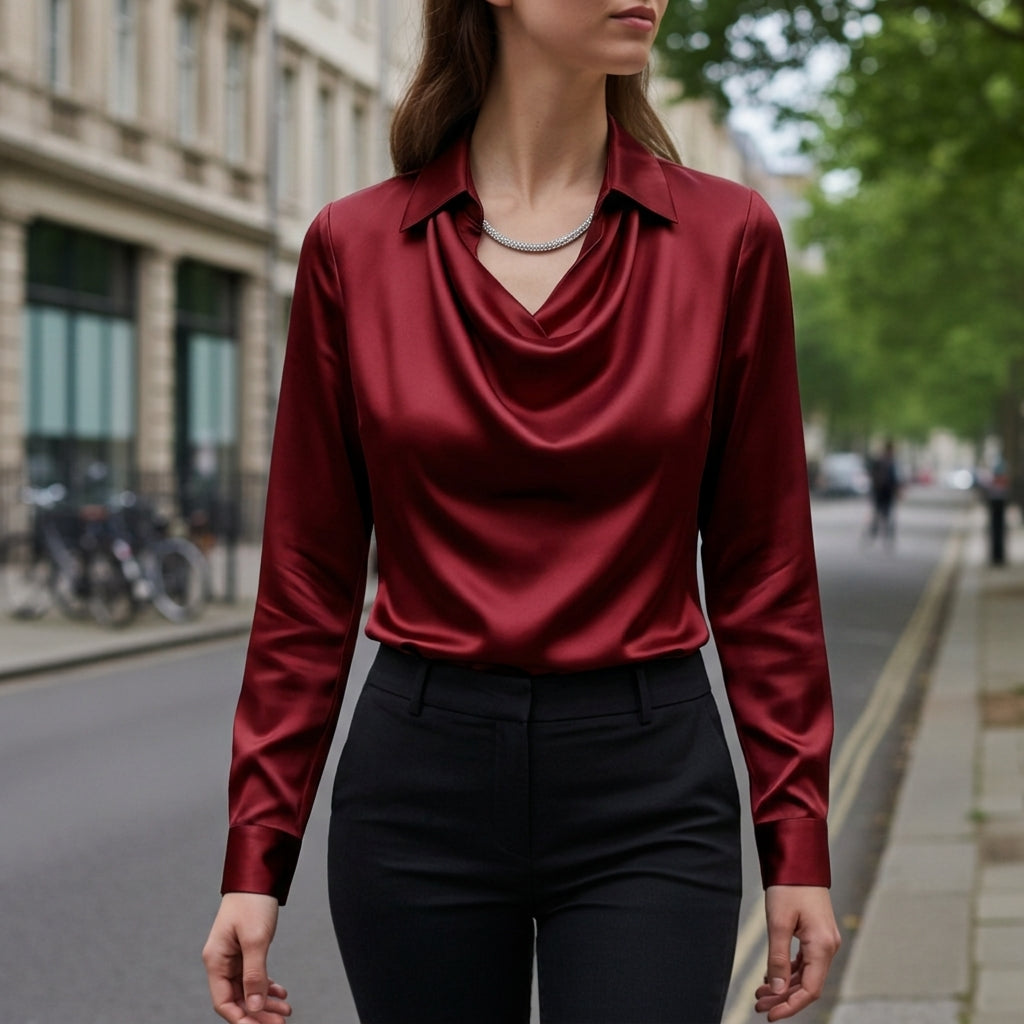 Women's Satin-Feel Draped Blouse Relaxed Fit Long Sleeve – Celeste