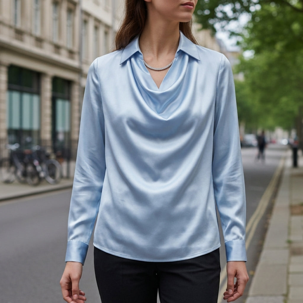Women's Satin-Feel Draped Blouse Relaxed Fit Long Sleeve – Celeste