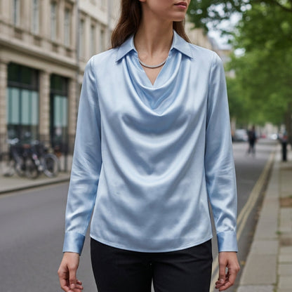 Women's Satin-Feel Draped Blouse Relaxed Fit Long Sleeve – Celeste