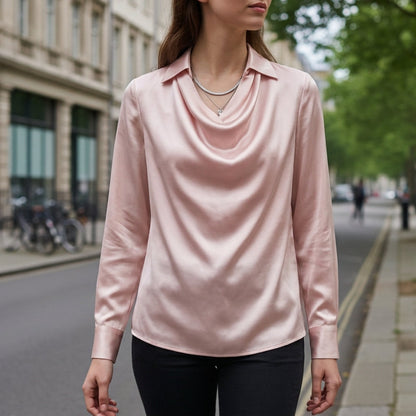 Women's Satin-Feel Draped Blouse Relaxed Fit Long Sleeve – Celeste