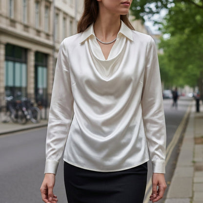 Women's Satin-Feel Draped Blouse Relaxed Fit Long Sleeve – Celeste