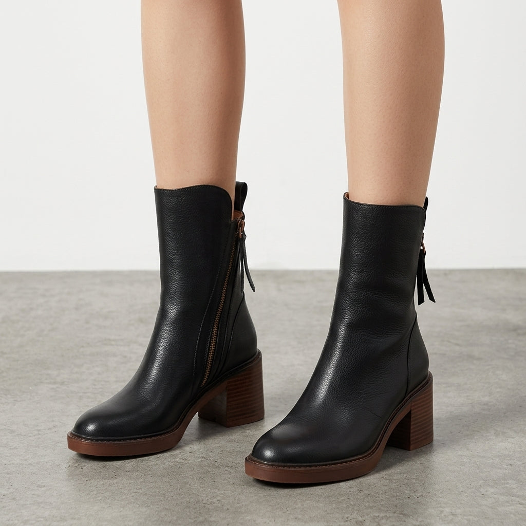 Women's Faux Leather Block-Heel Ankle Boots Side-Zip – Marlowe