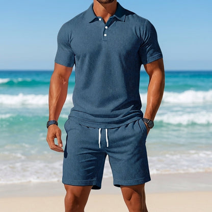 Men's Waffle Knit Polo Shorts Set Short Sleeve Drawstring – Arden