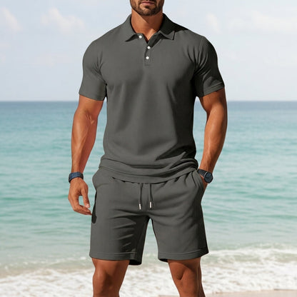 Men's Waffle Knit Polo Shorts Set Short Sleeve Drawstring – Arden