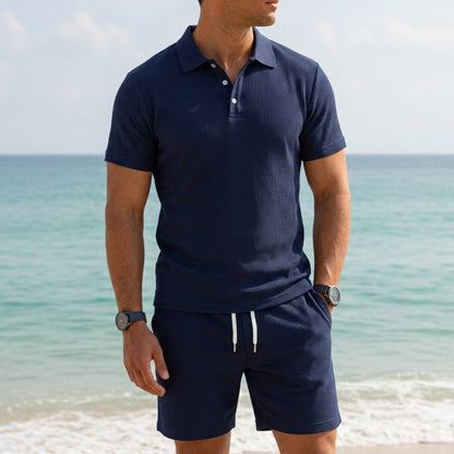 Men's Waffle Knit Polo Shorts Set Short Sleeve Drawstring – Arden